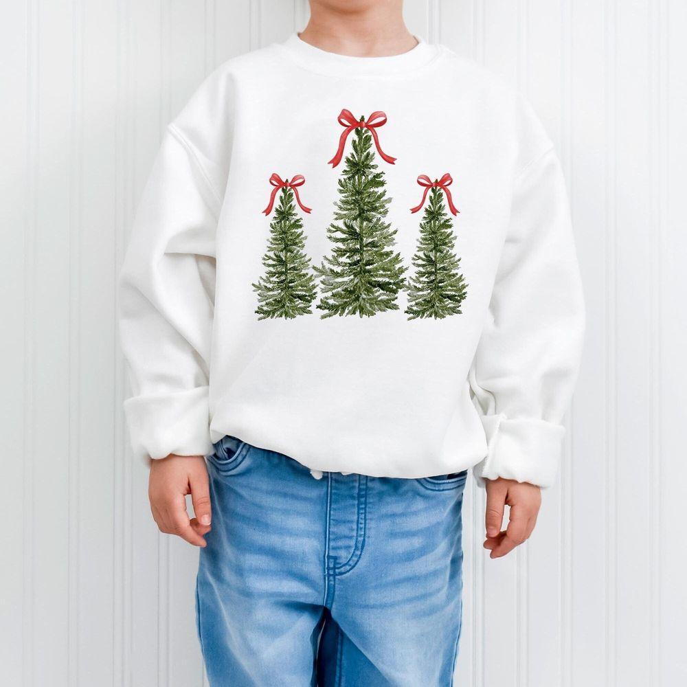 Christmas Tree Red Bow Youth Sweater Christmas Sweatshirt Santa Shirt Kids Holiday Design Retro Christmas Long Sleeve Crewneck Design T-shirt